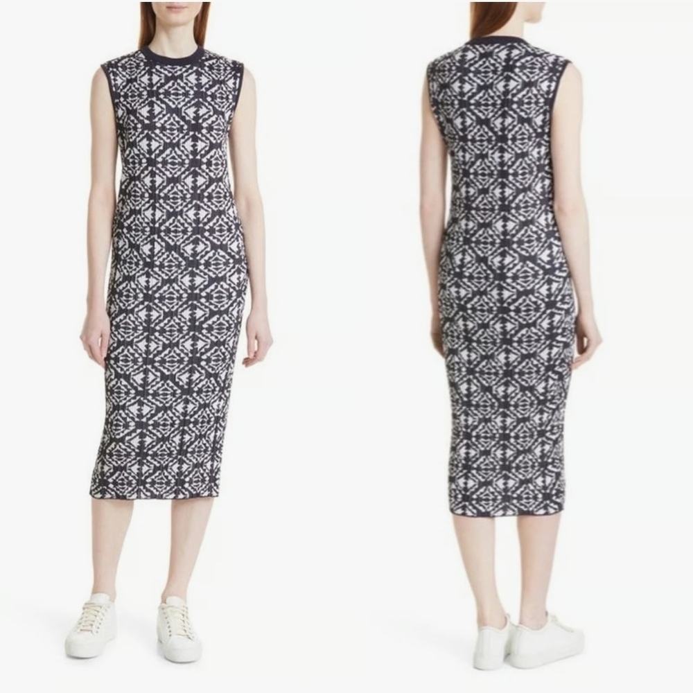 BOSS Nwot Feyres Geo Pattern Ribbed Sheath Sleeveless Dress Midnight Fantasy XL